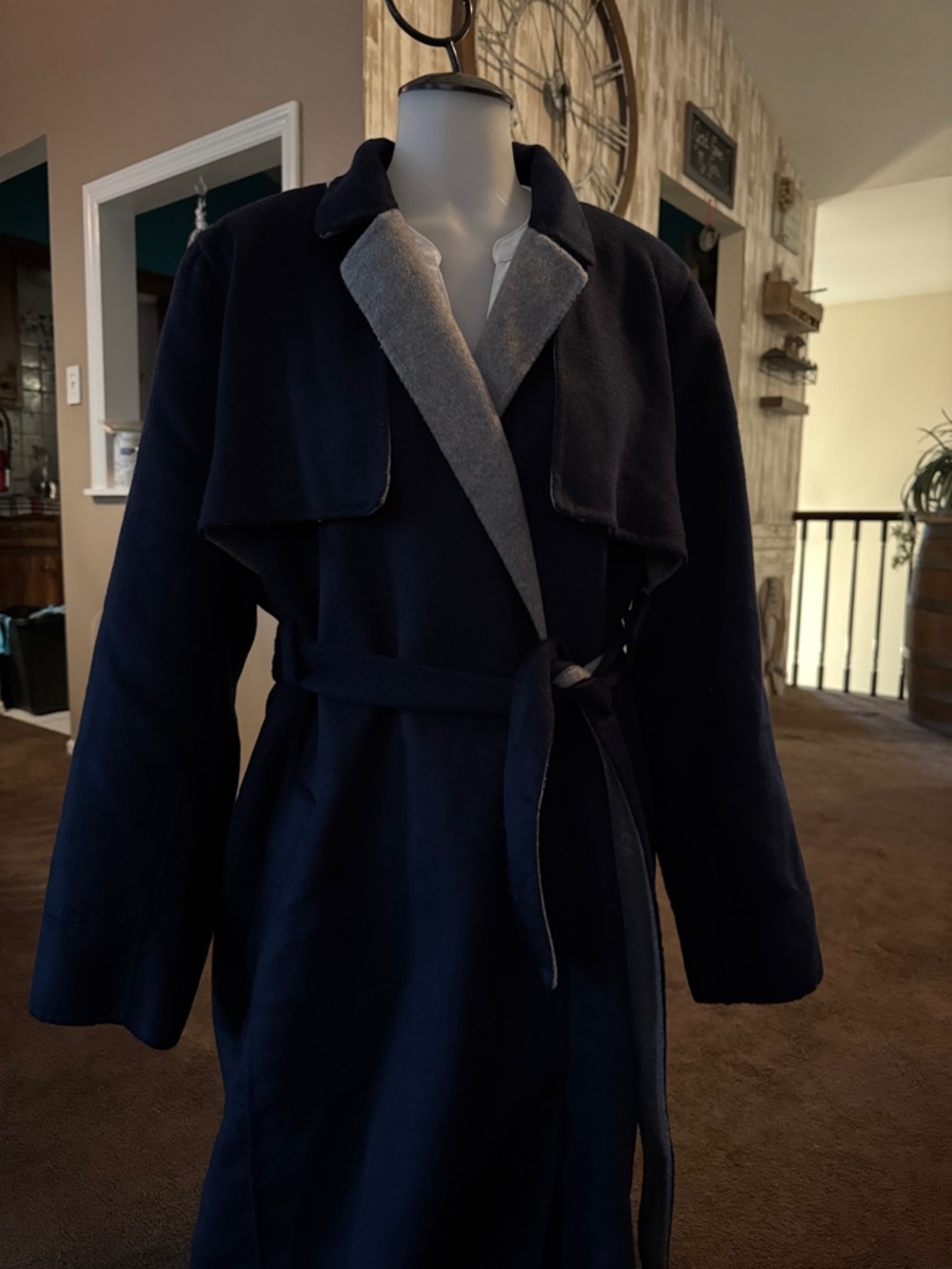 J. Crew Navy Trench Coat with Gray Contrast Lapel